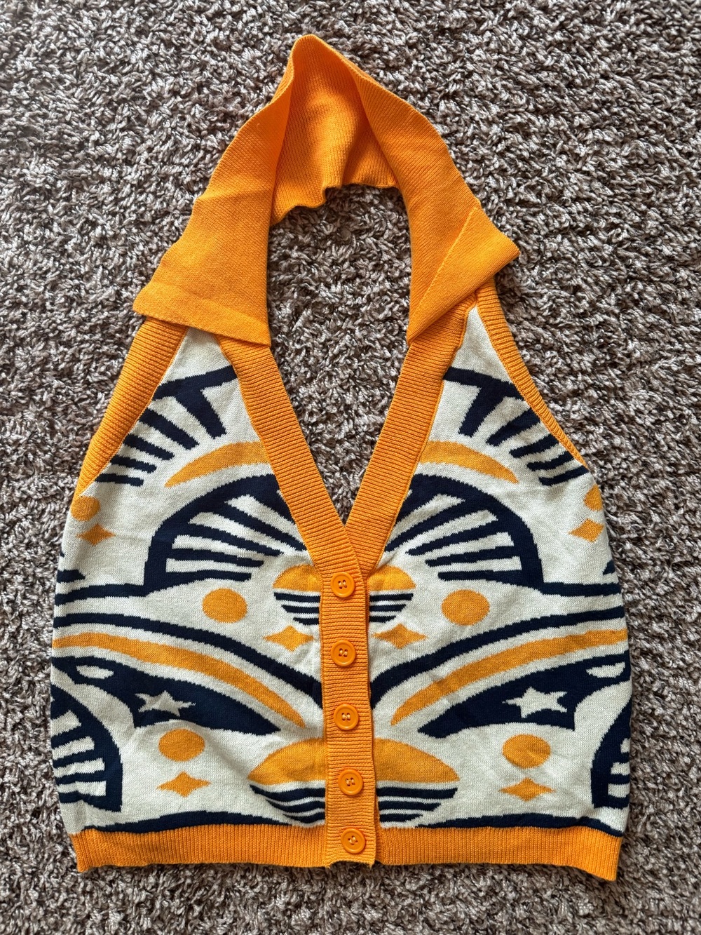 NWT OXKnit Orange & Navy Graphic Halter Knit Top